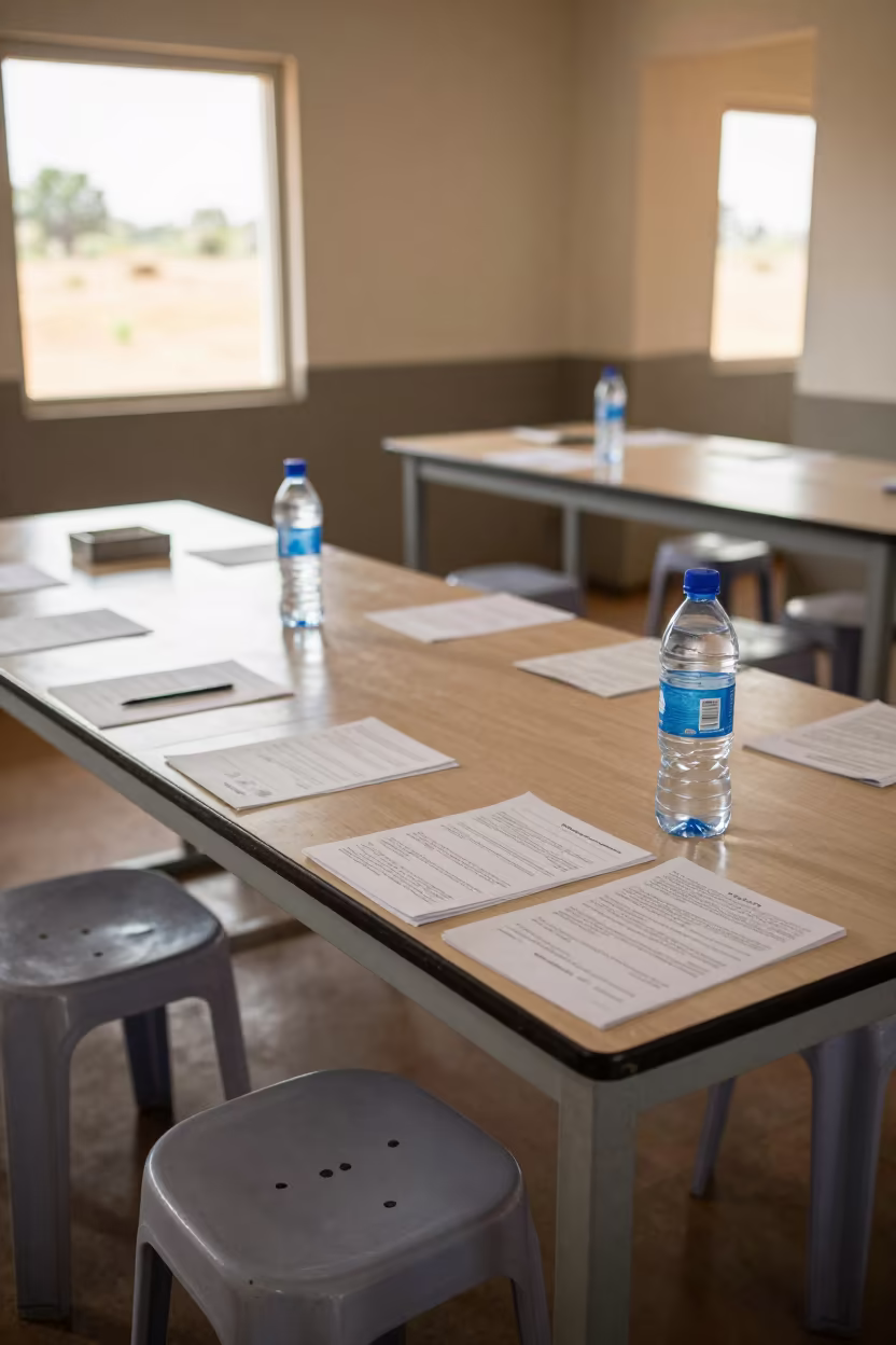 Laboratory Stools and Water Bottles in Luanshya in at a seminar table covered in notes in Luanshya