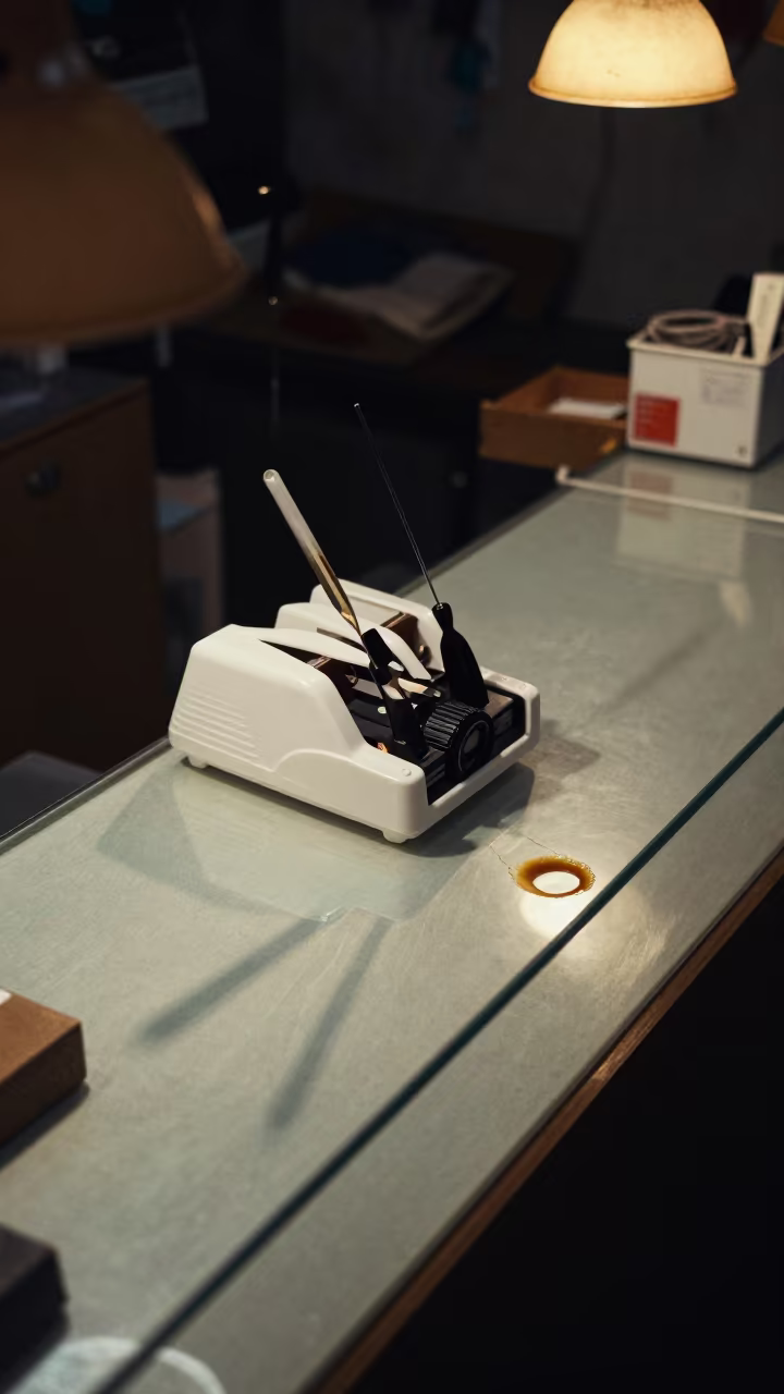 Label Maker on Glass Counter in Hangzhou Workshop in inside a goldsmith workshop behind the market lane in Hangzhou