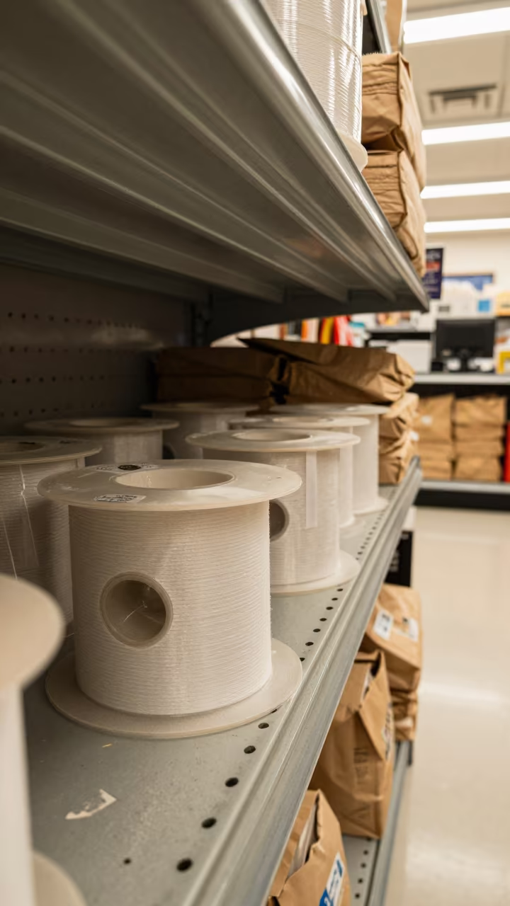 Label Printer Ribbon Shelf in Kandahar Store in at a cash wrap counter with bags stacked nearby near Kandahar
