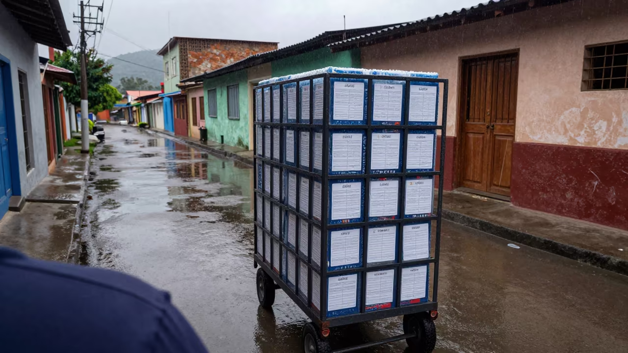 Label Rack in Caracas Lane During Wet Season Twilight in in a village lane near Caracas