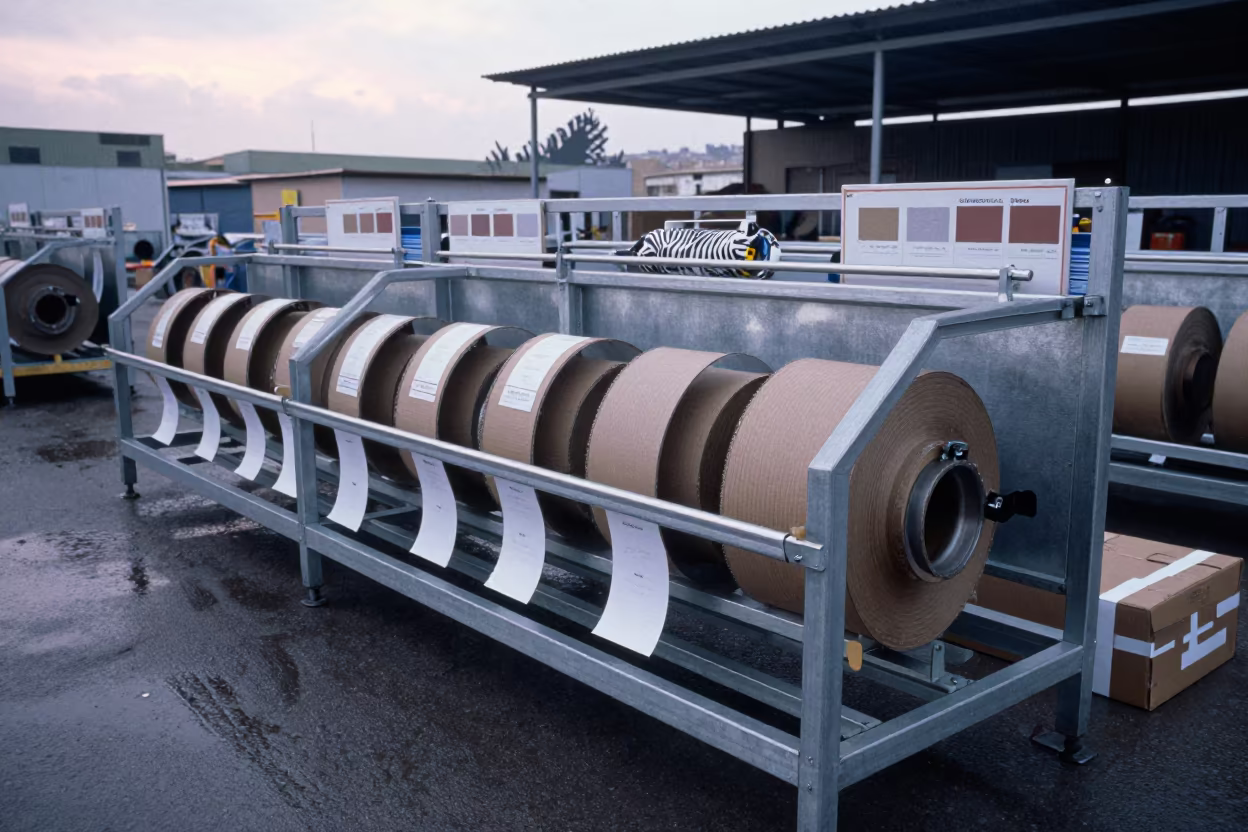 Label Rewind Rack in Fez Warehouse Dawn in inside a cross-dock lane near Fez