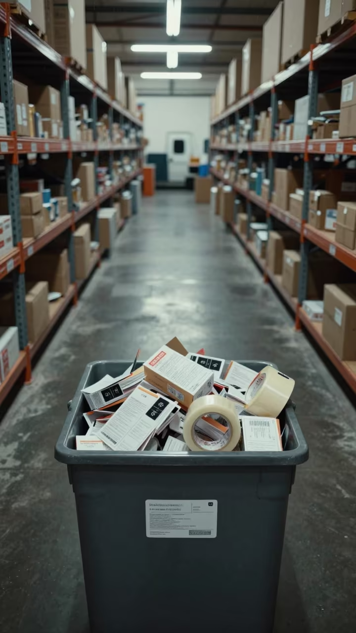 Label Scrap Bin in Lubumbashi Dispatch Office in inside a dispatch office above the dock in Lubumbashi