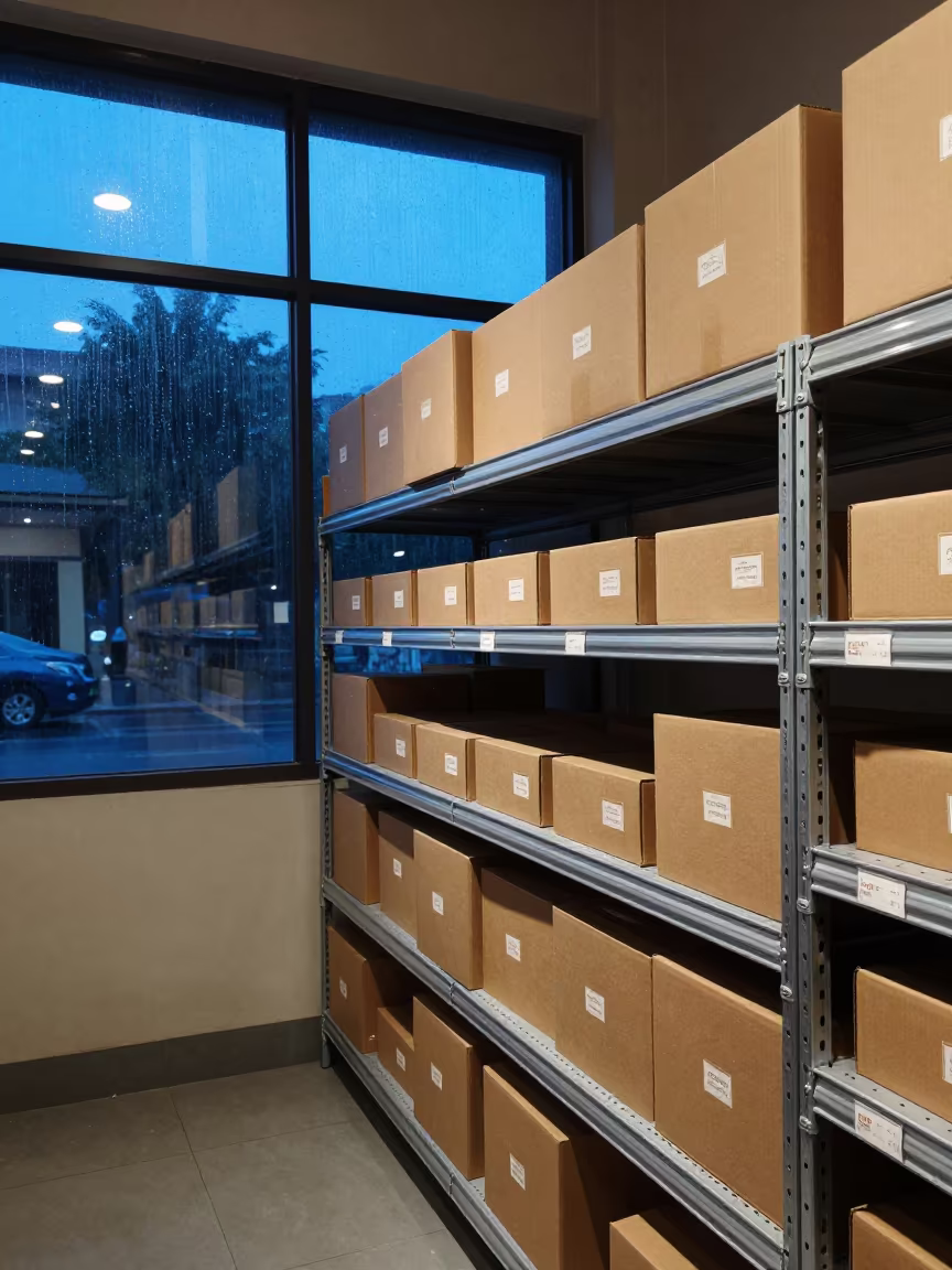 Labeled Cartons on Stockroom Shelf in Evening Light in inside a stockroom behind the sales floor near Haiphong