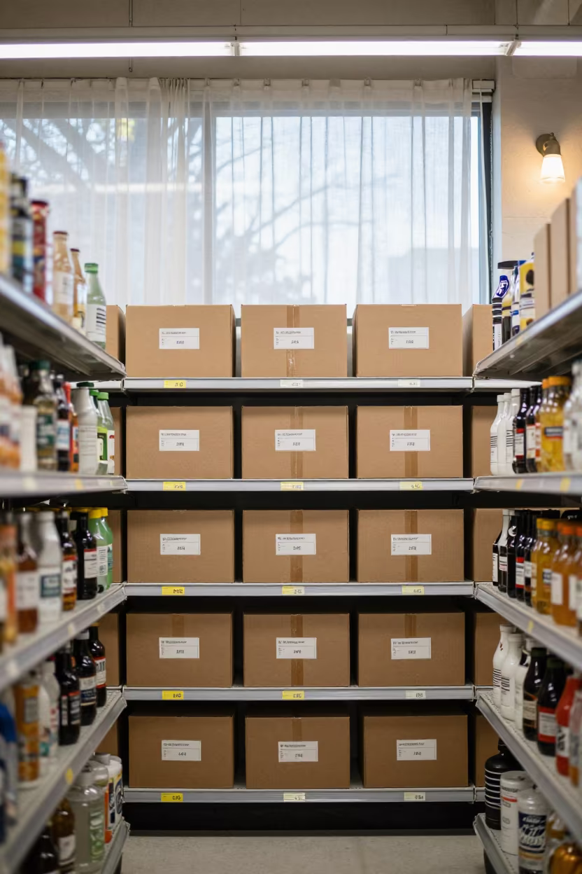 Labeled Cartons on Stockroom Shelf Behind Grocery Aisle in along a grocery aisle under flat fluorescent light near Birmingham