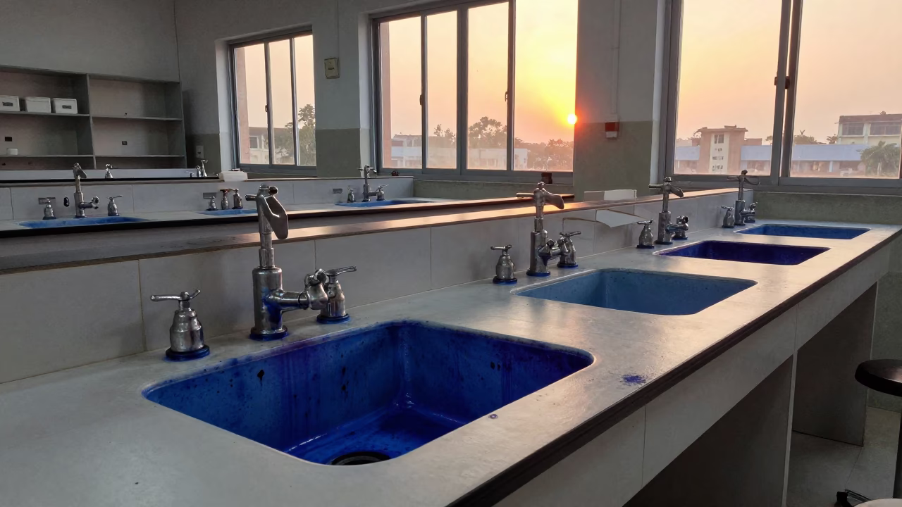 Laboratory Sink with Indigo Stains in Delhi School at Sunset in in Delhi, India