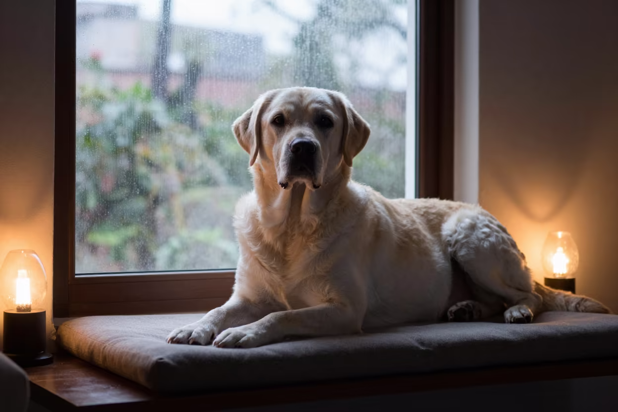Labrador Portrait on Window Seat in Zapopan in on a cushioned window seat with soft side light and an uncluttered background in Zapopan