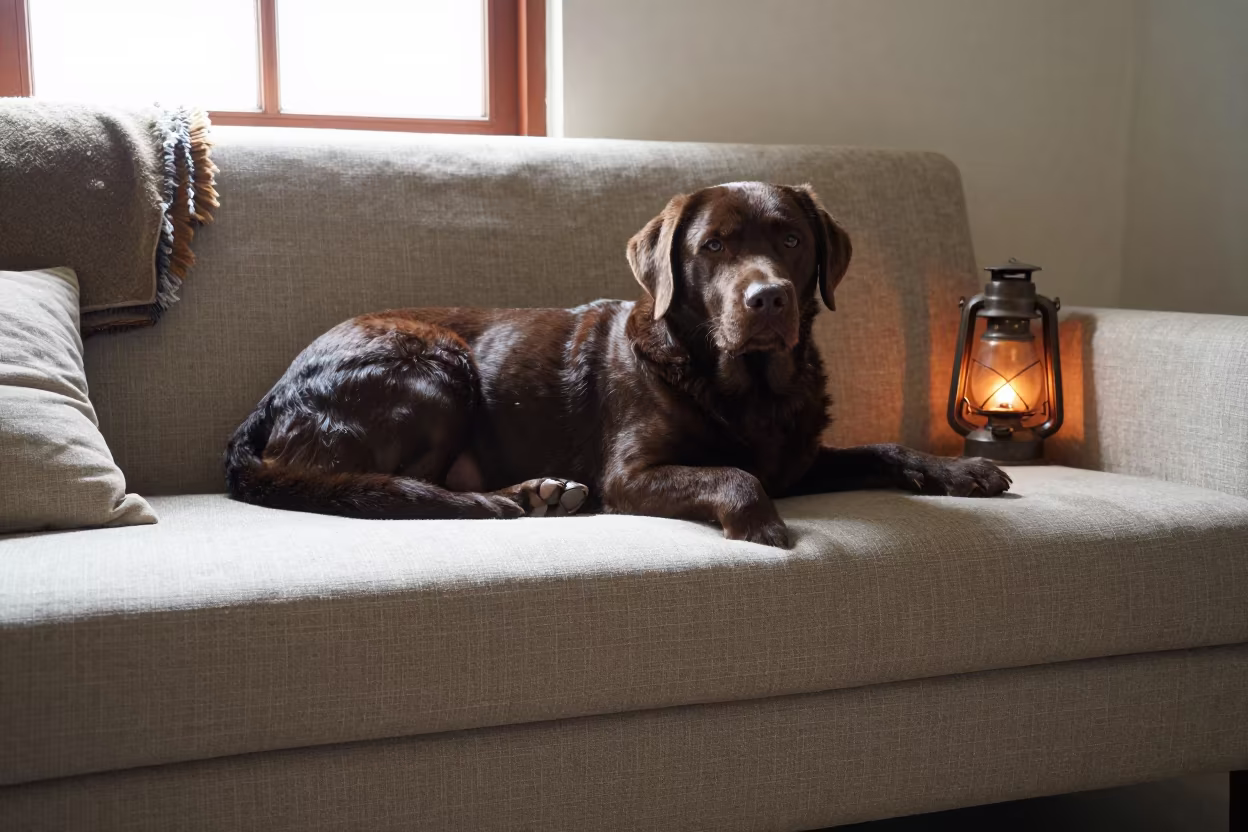 Labrador Resting on Linen Sofa Near Vadodara Window in on a linen sofa with daylight from a nearby window near Vadodara