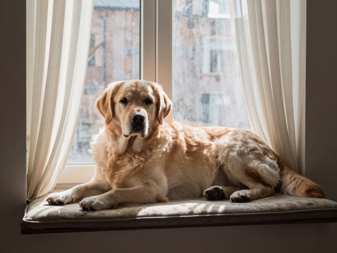 Labrador Resting on Window Seat in Gujranwala Apartment in on a window seat in a quiet apartment with soft side light in Gujranwala