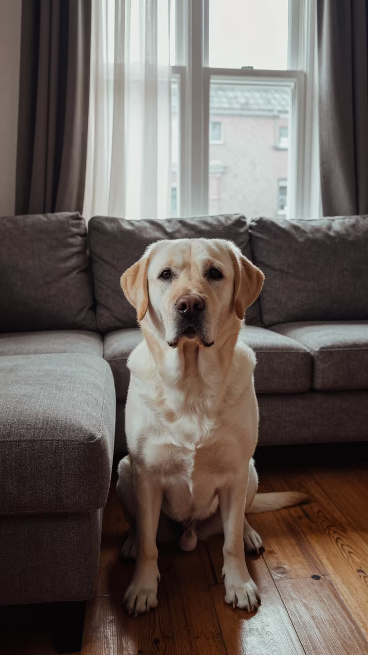 Labrador Retriever Portrait in Dublin Living Room in on a sofa near a curtained window with calm indoor light in Liberties, Dublin