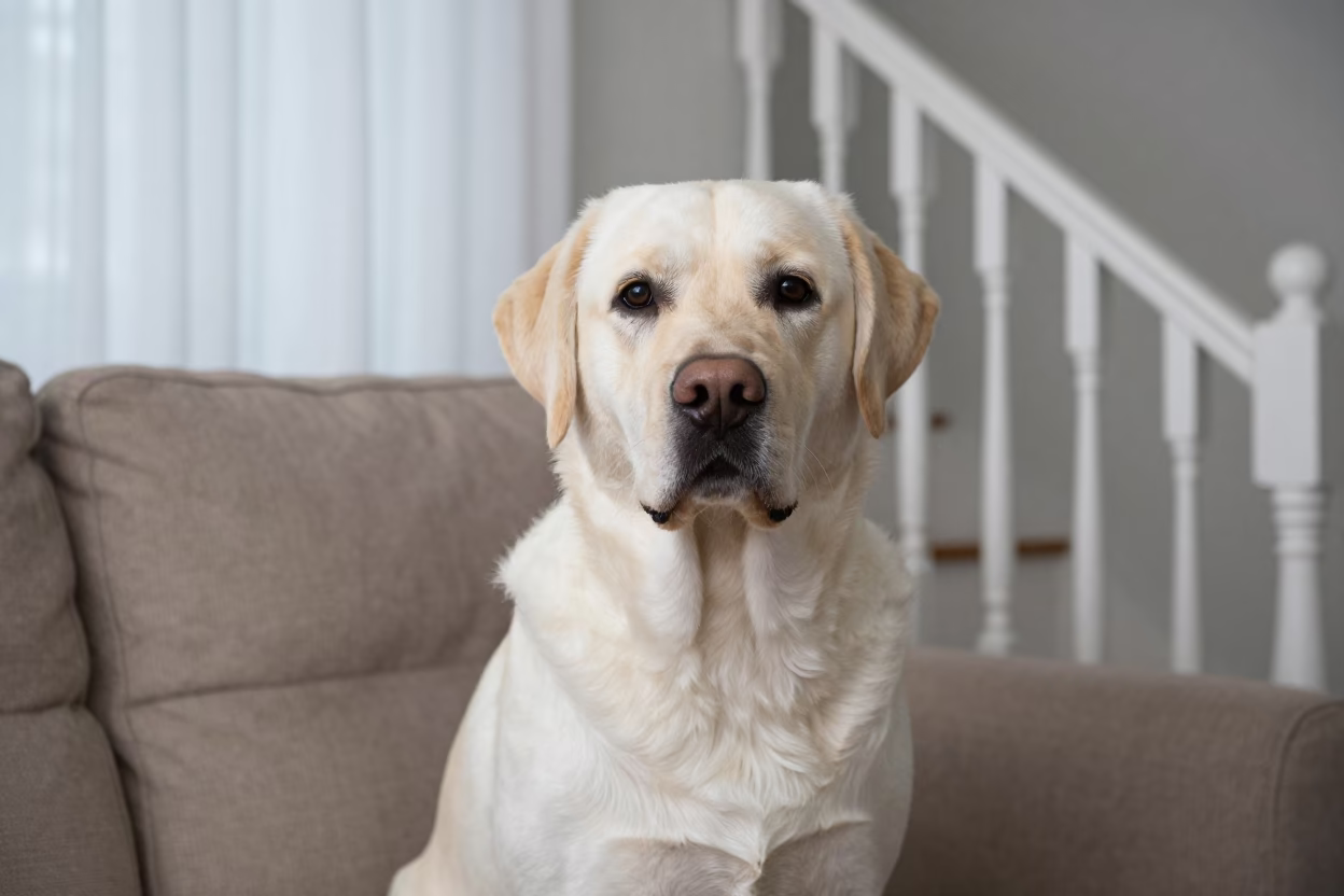 Labrador Retriever Portrait on Sofa Near Window in on a sofa near a curtained window with calm indoor light in Milwaukee