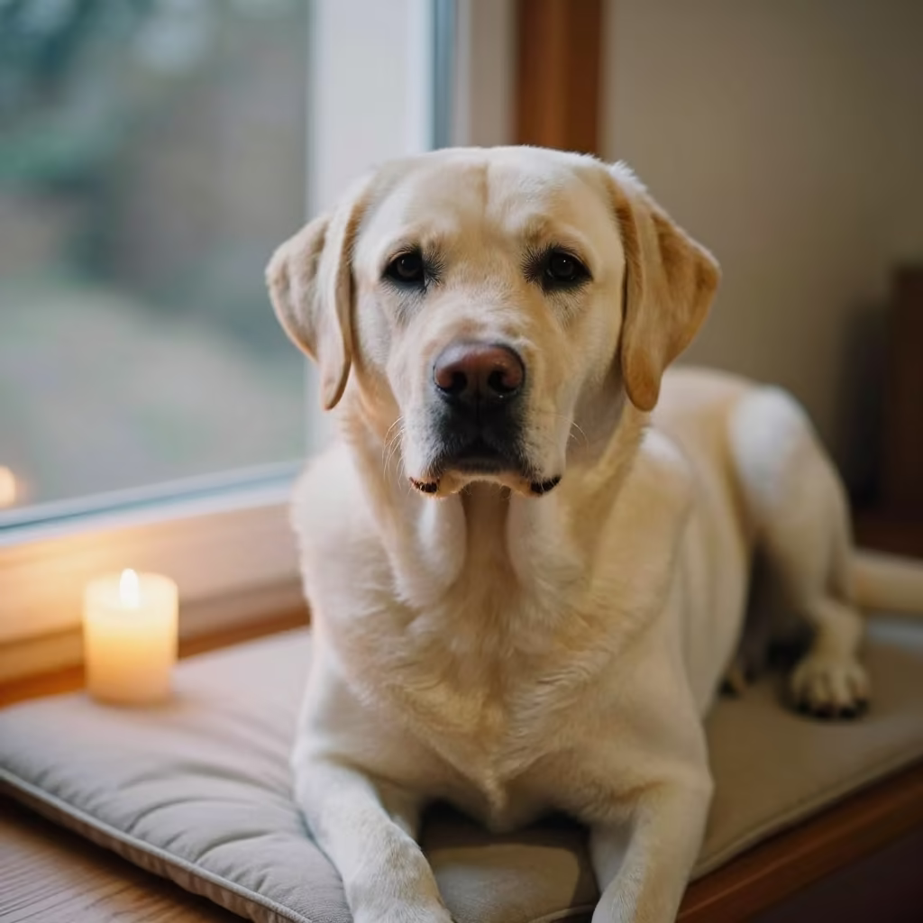 Labrador Retriever Portrait on Window Seat in on a cushioned window seat with soft side light and an uncluttered background near Basra