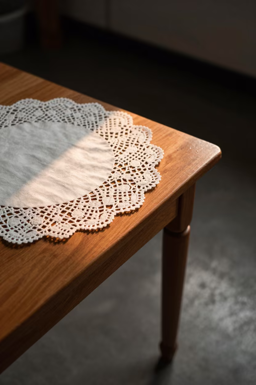 Lace Doily on Wooden Table in Chengdu Workshop in on a workshop shelf in People's Park, Chengdu