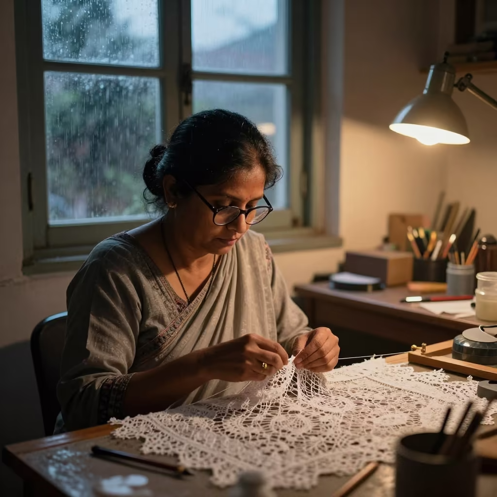 Lace Maker Portrait in Chittagong Evening Light in in a north-lit studio in Chittagong