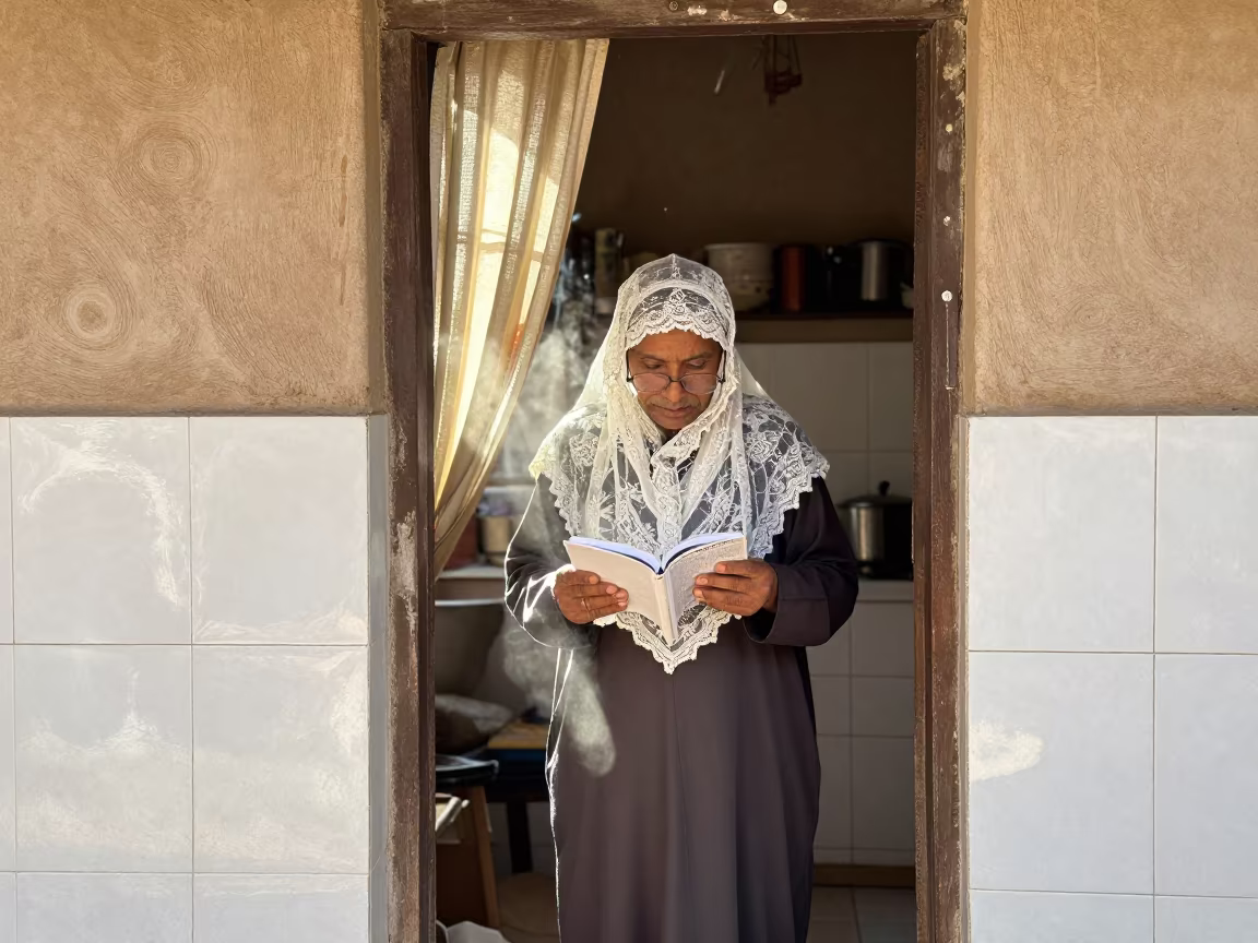 Lace Maker Portrait in Muttrah Kitchen in in a tiled kitchen doorway in Muttrah