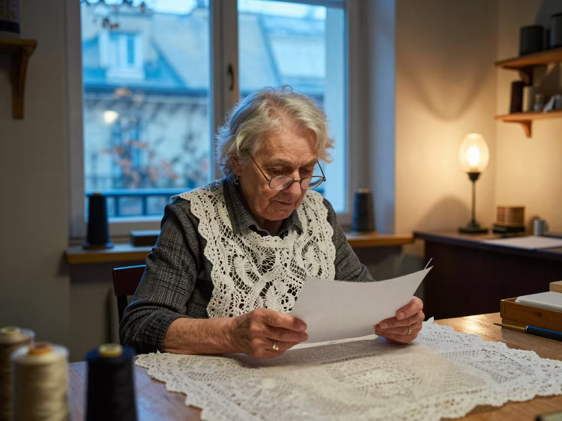 Lace Maker Portrait in Paris Atelier in inside a textile atelier in Paris
