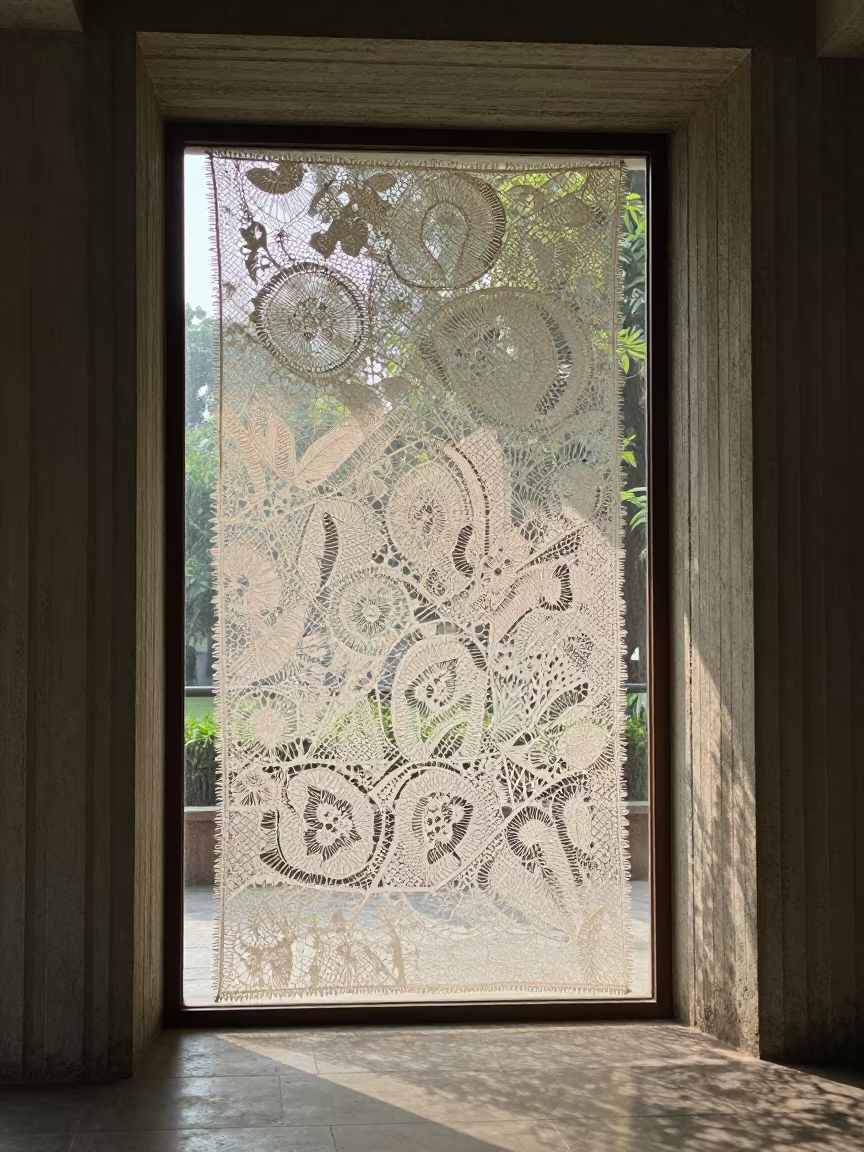 Lace Shadow Play on Rough Monsoon Plaster in inside a ribbed concrete lobby in Surat