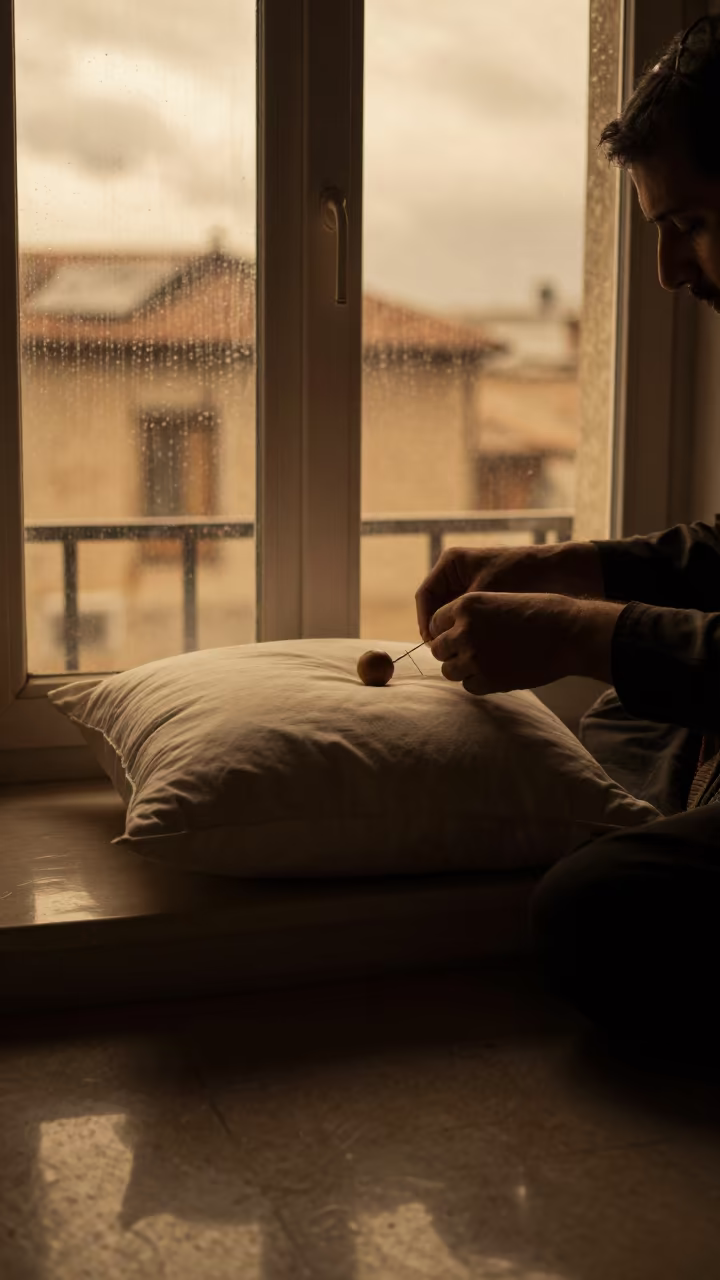 Lacemaker Pinning Bobbins on Pillow in on a window seat in Karaman