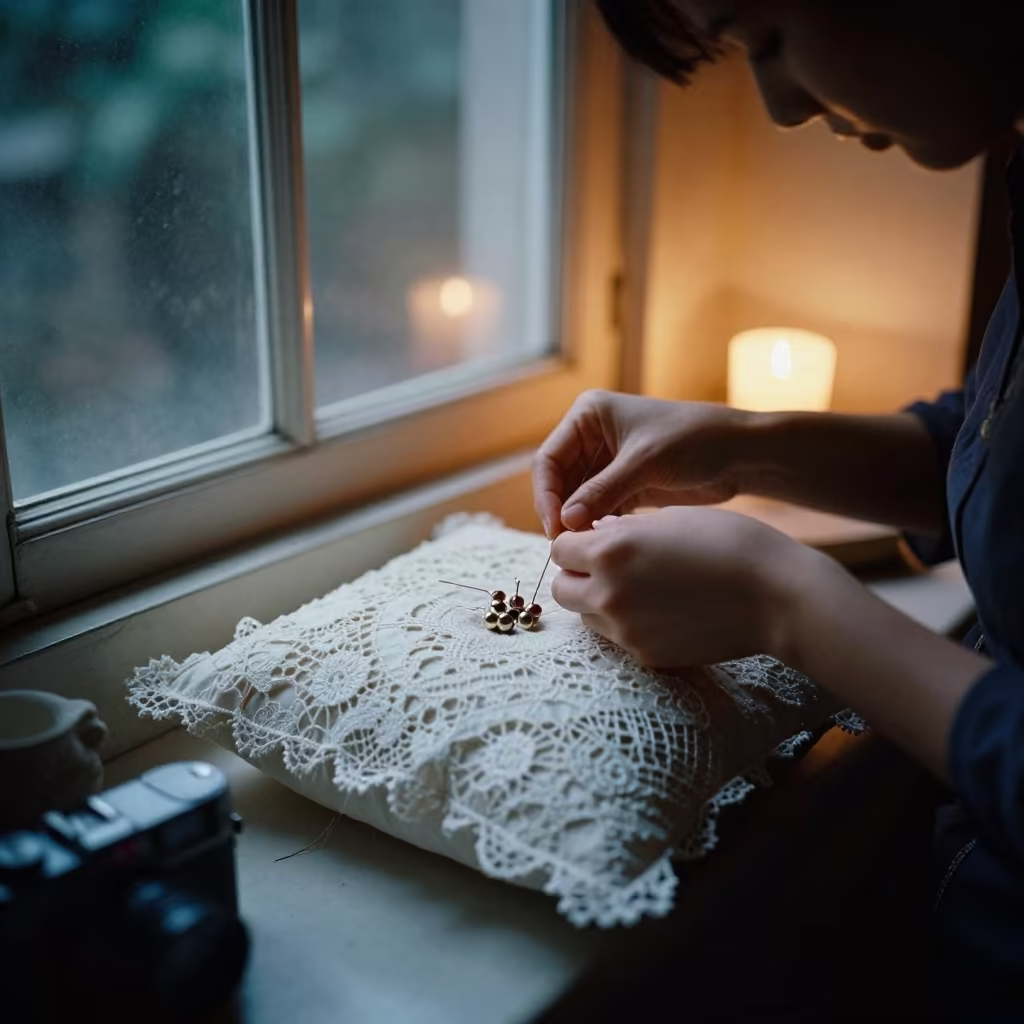 Lacemaker Pins Bobbins Candlelight Window Seat in on a window seat near Thủ Đức