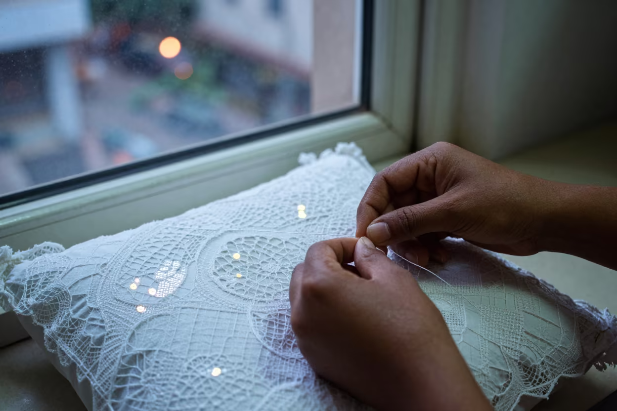 Lacemaker Pins Bobbins in Patna Sunlight in in a sunlit living room near Patna