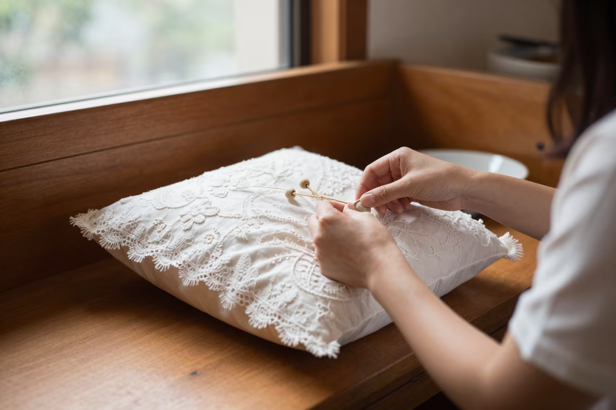Lacemaker Pins Bobbins in Shenzhen Nook in in a breakfast nook near Shenzhen