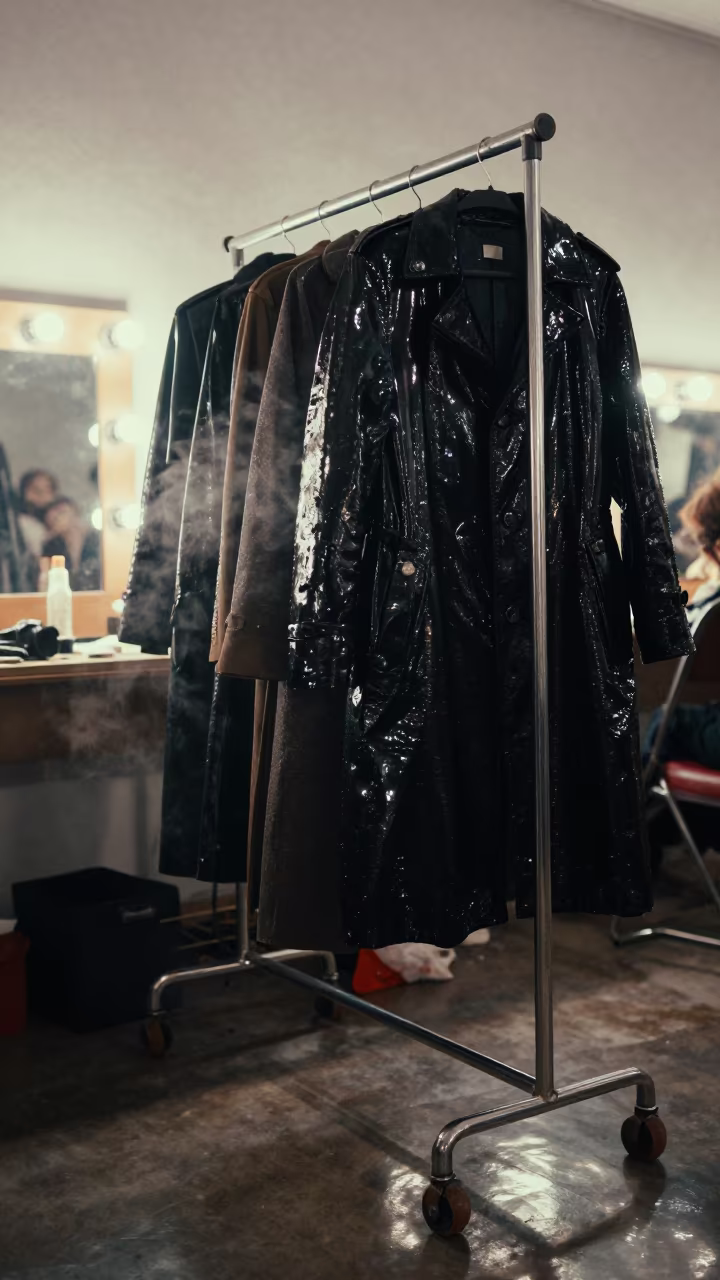 Lacquered Coats Backstage Bhiwani Dawn in beside a mirror lined with makeup bulbs in Bhiwani