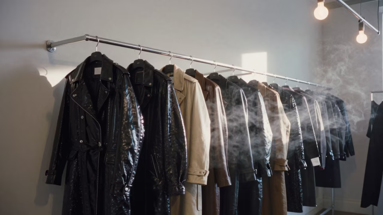 Lacquered Coats Under Backstage Bulbs in inside a minimalist showroom in Salt Lake City