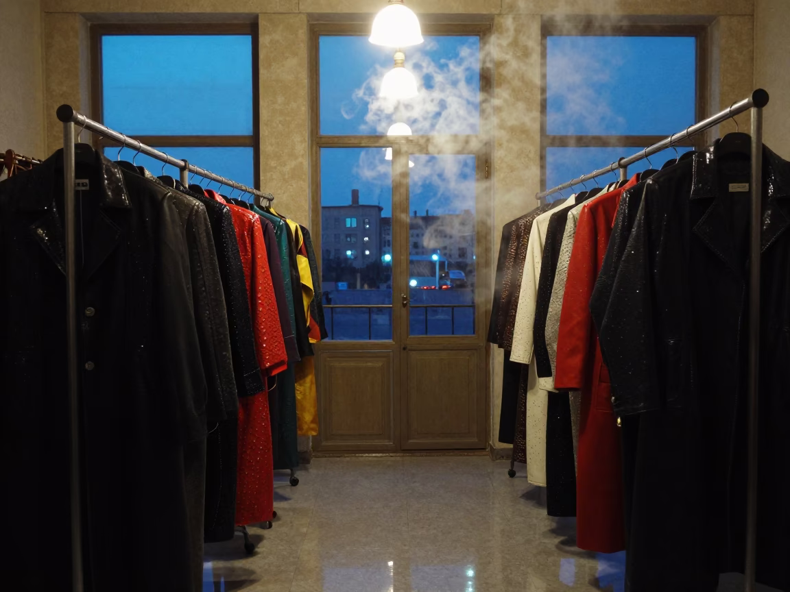 Lacquered Coats Under Blue Hour Atelier Lights in inside a couture atelier in Bukhara