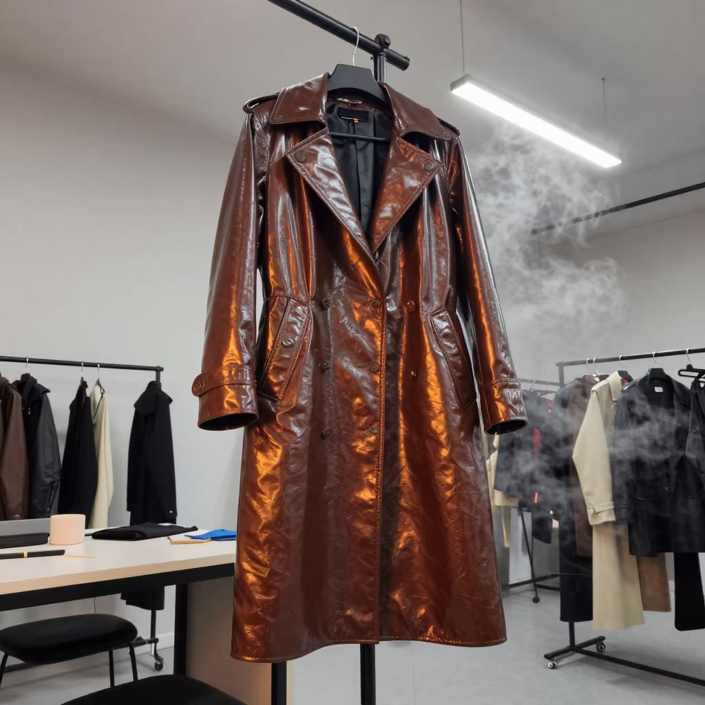 Lacquered Coats in Yerevan Atelier Before Dusk in inside a couture atelier in Yerevan