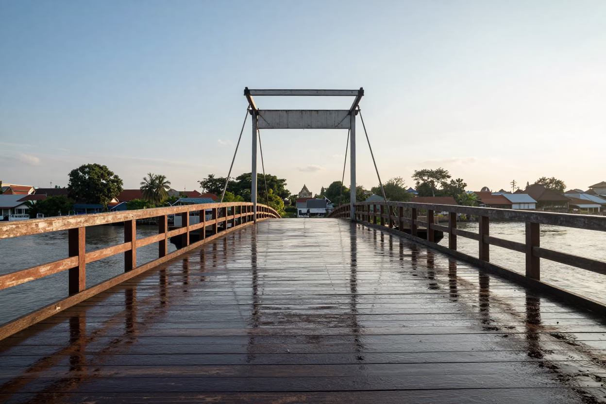 Lacquered Drawbridge Deck Reflecting River Light in Late Afternoon Bangkok Thailand in in Bangkok, Thailand