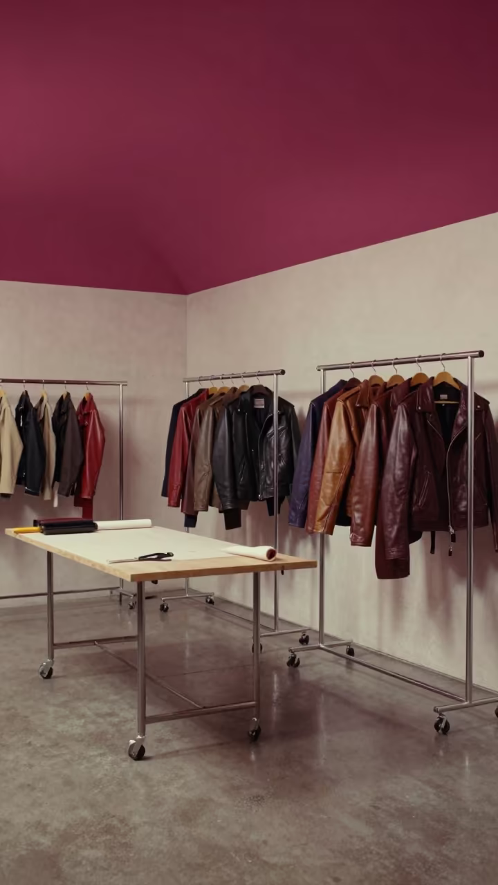 Lacquered Leather Garments Under Magenta Sky in at a tailoring table strewn with chalk and shears in Meskel Square, Addis Ababa