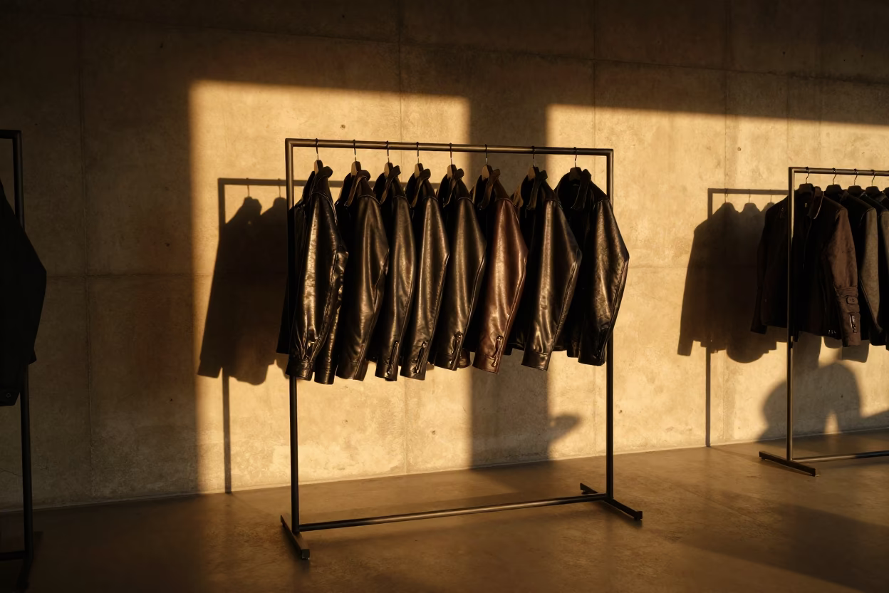 Lacquered Leather Jackets in Amber Light in inside a minimalist showroom in Astana