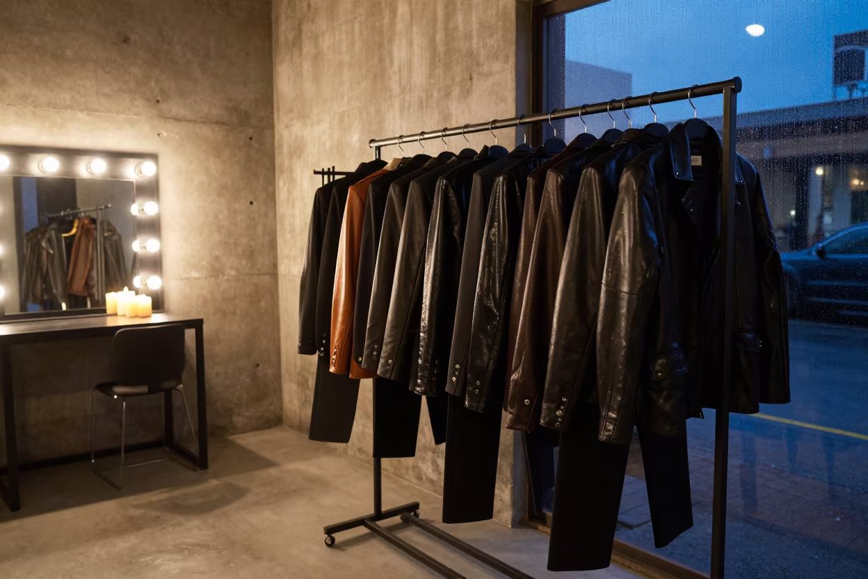 Lacquered Leather Jackets in Lubumbashi Candlelight in beside a mirror lined with makeup bulbs in Lubumbashi