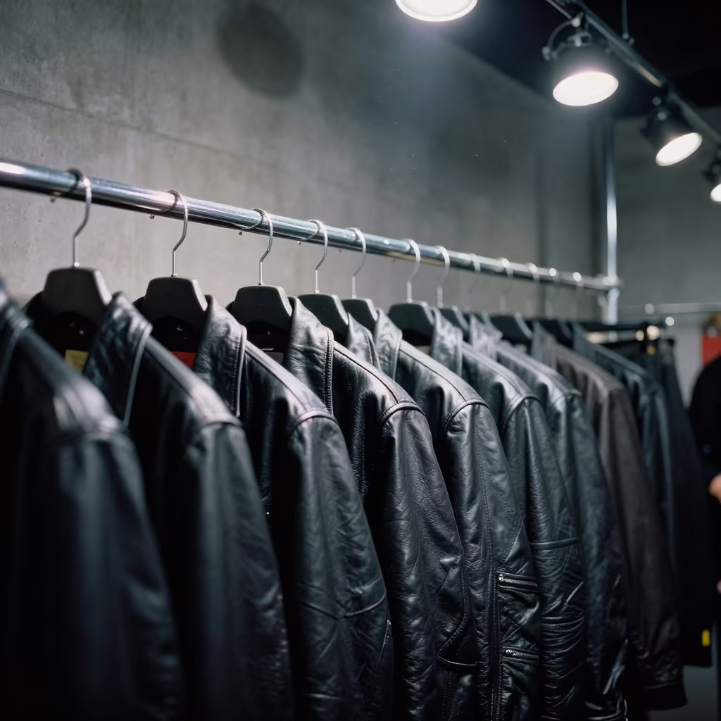 Lacquered Leather Jackets in Tepic Showroom in under runway rehearsal lights in Tepic