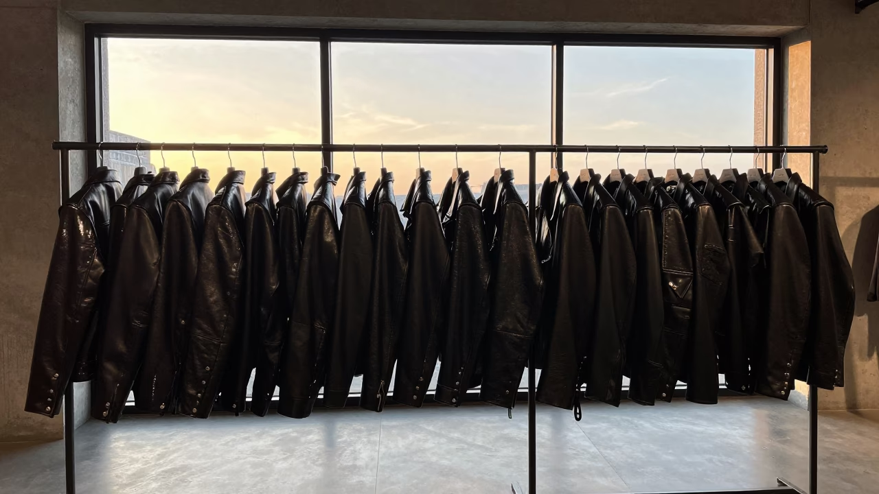 Lacquered Leather Outerwear in Concrete Showroom in under runway rehearsal lights near Chatham-Kent