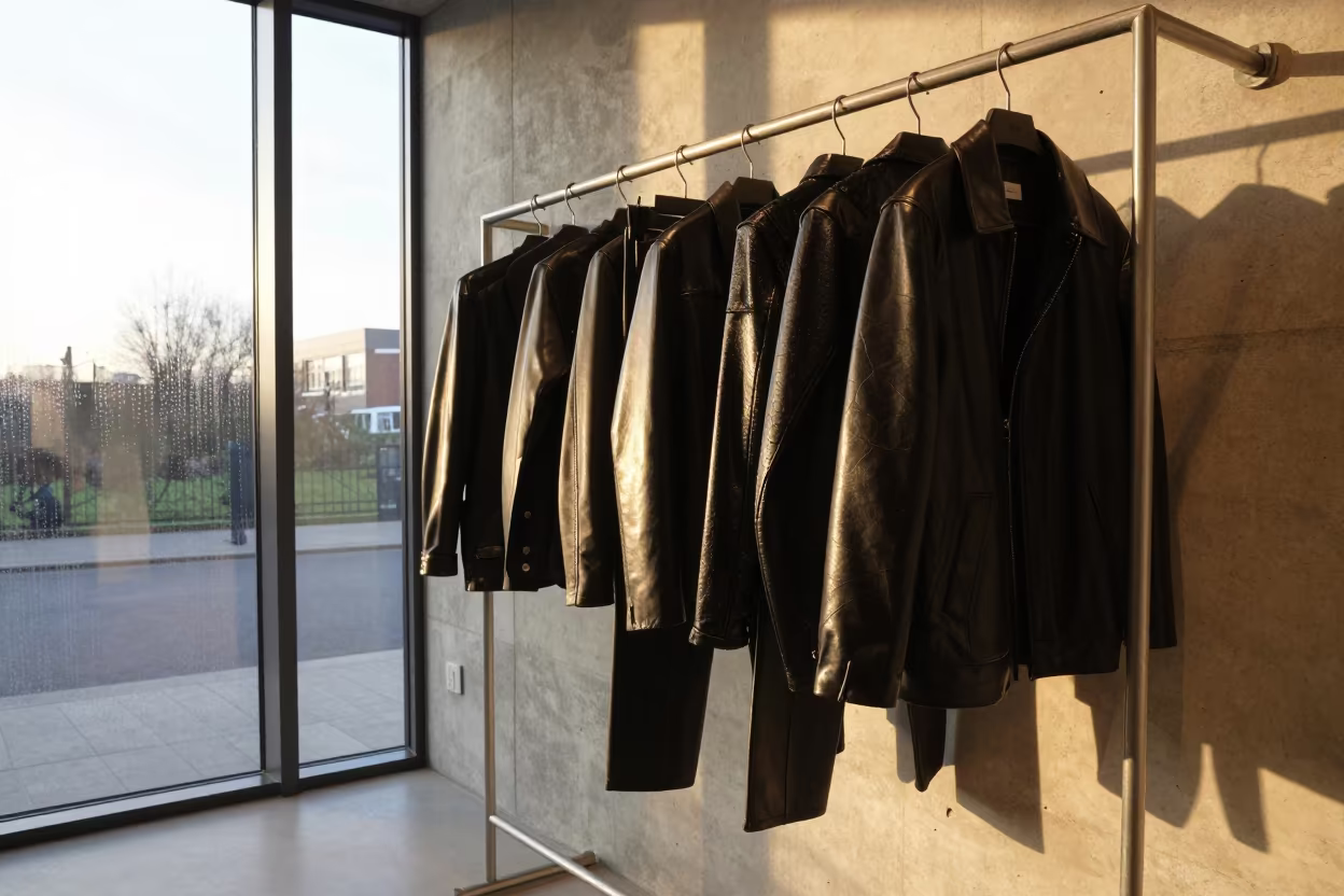 Lacquered Leather Outerwear in Hull Showroom Sunset in inside a minimalist showroom in Kingston upon Hull