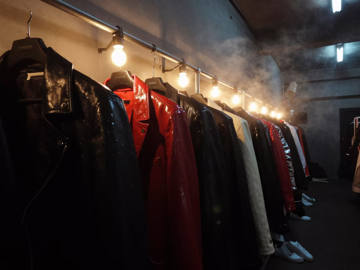 Lacquered Outerwear Backstage in Da Nang in in a backstage changing corridor in Da Nang