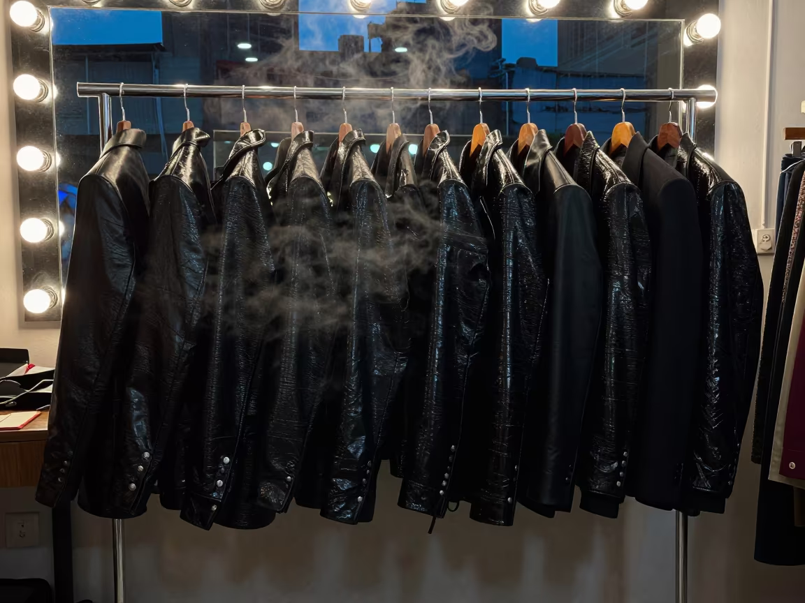 Lacquered Outerwear Lineup in Vellore Predawn in beside a mirror lined with makeup bulbs in Vellore