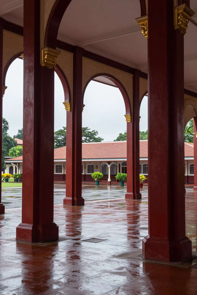 Lacquered Pillars in Restored Train Terminal Little India in inside a restored train terminal in Little India, Kuala Lumpur