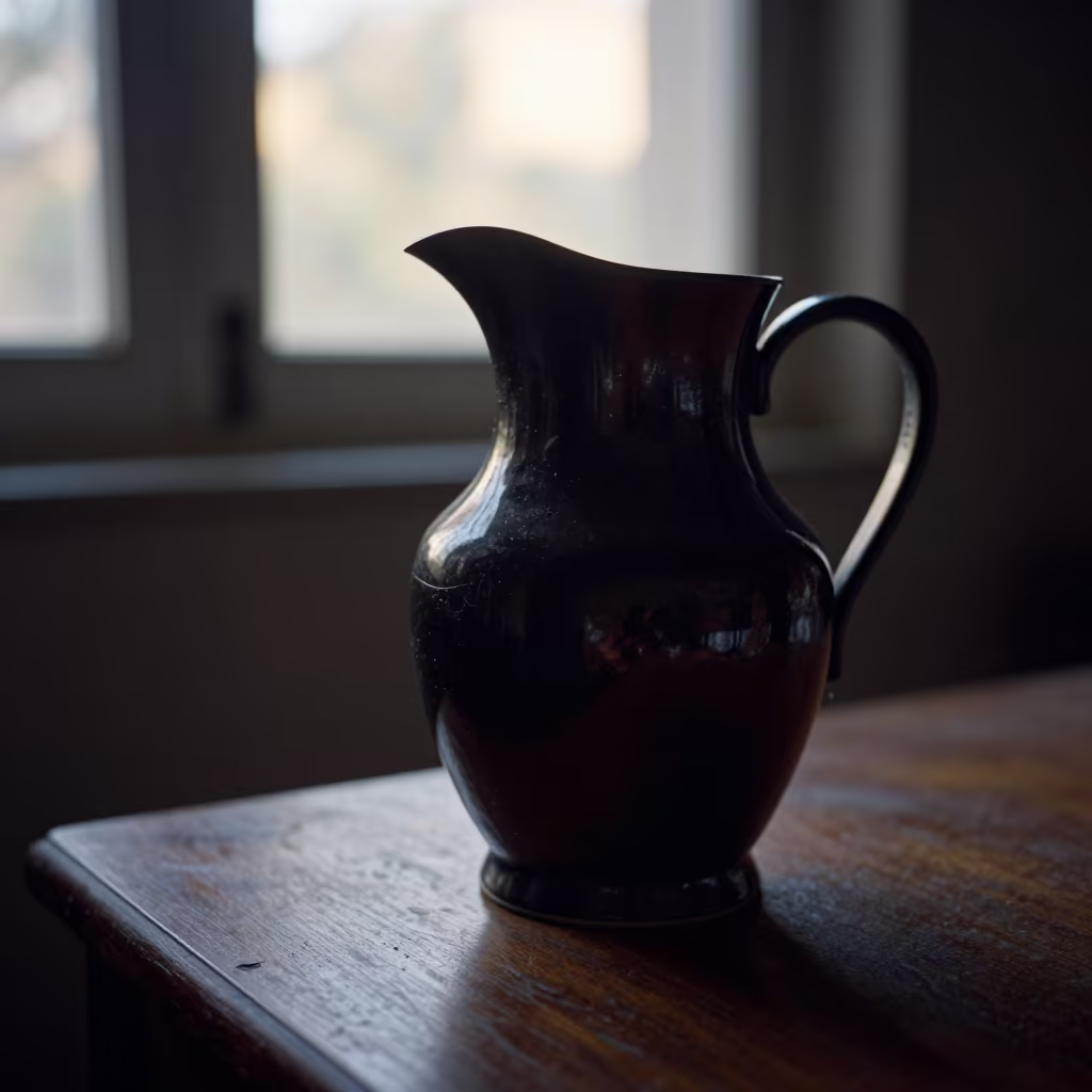 Lacquered Pitcher in Morning Light Sukkur in on a bedside table in Sukkur