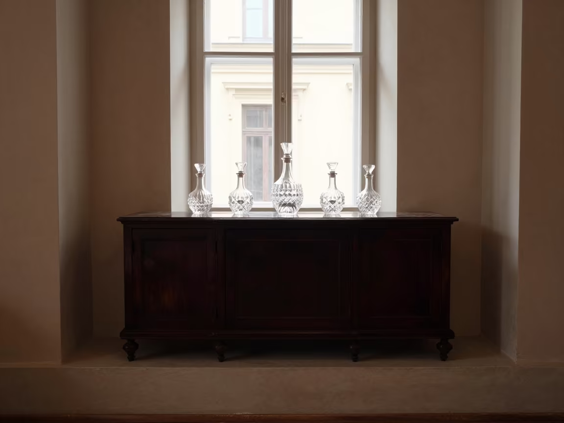 Lacquered Sideboard with Crystal Decanters Bucharest in on a painted display ledge in Bucharest