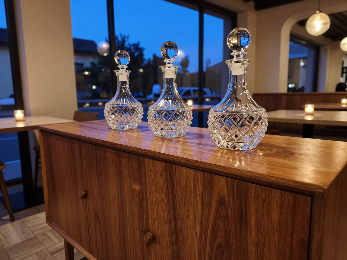 Lacquered Sideboard with Crystal Decanters in Twilight Cafe in on a cafe table by a window in San Nicolás de los Arroyos