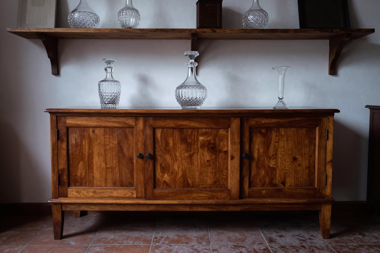 Lacquered Sideboard and Decanters on Workshop Shelf in on a workshop shelf near Quetzaltenango
