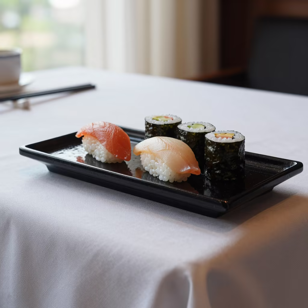 Lacquered Sushi Plate on Linen Table in on a linen-covered restaurant table in Šiauliai
