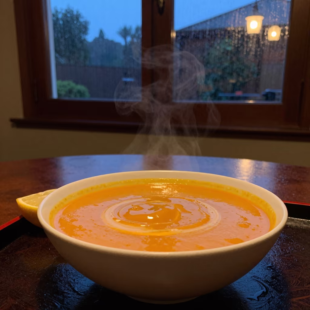 Lacquered Tray Pumpkin Soup Lemon Window Twilight in on a lacquered tray in Luena