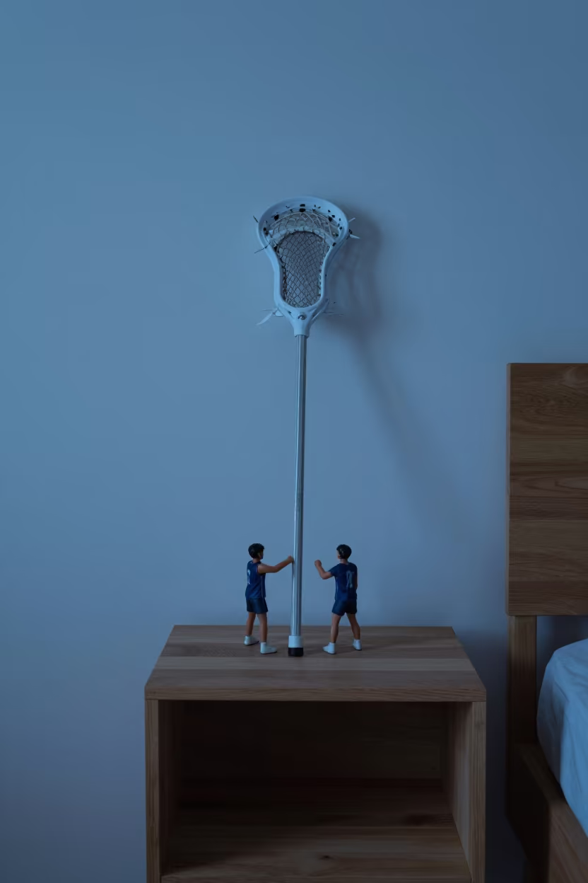Lacrosse Stick on Avellaneda Nightstand in Blue Hour in on a bedside table in Avellaneda