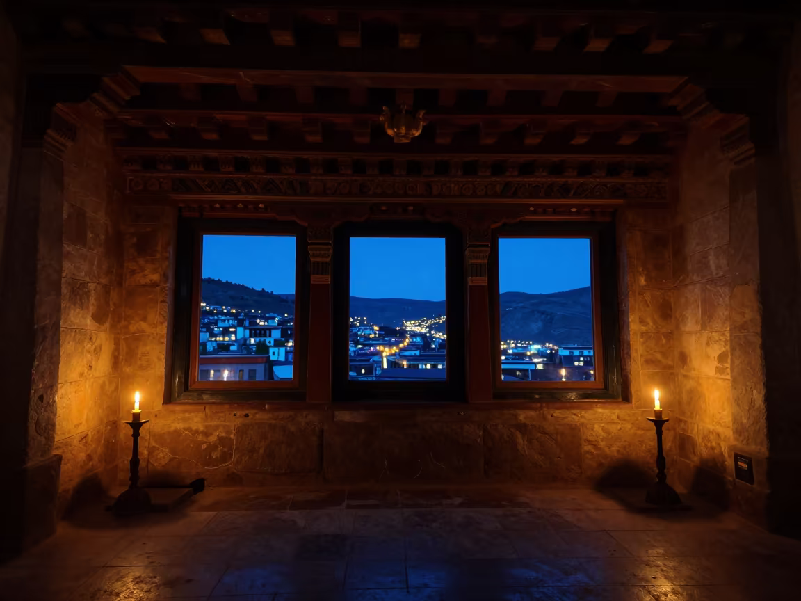 Ladakhi Monastery Silhouette in Cusco Abbey in inside a candlelit abbey nave in Cusco
