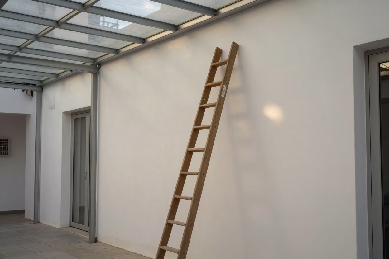 Ladder Against Whitewashed Wall in Glass Arcade in inside a glass-roofed arcade near Terrassa