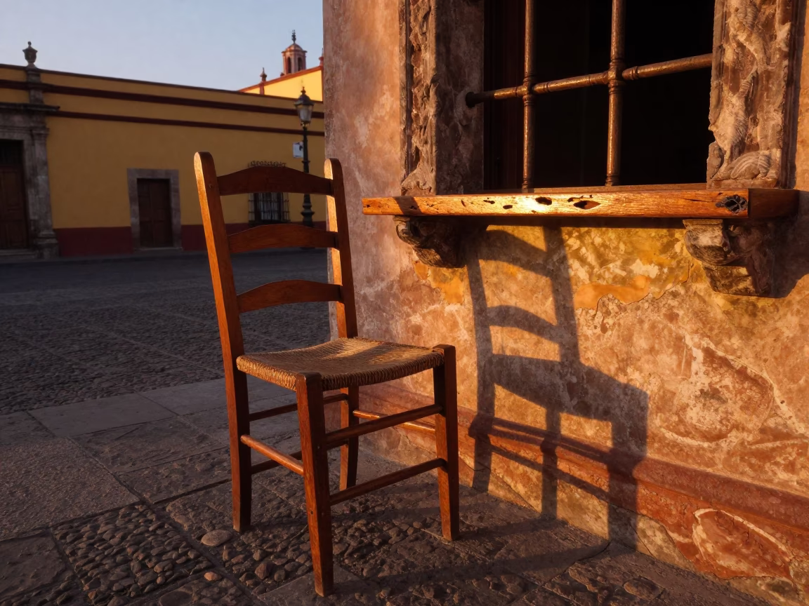 Ladder-back chair and nicked wood shelf in Oaxaca Mexico before dusk in in Oaxaca, Mexico