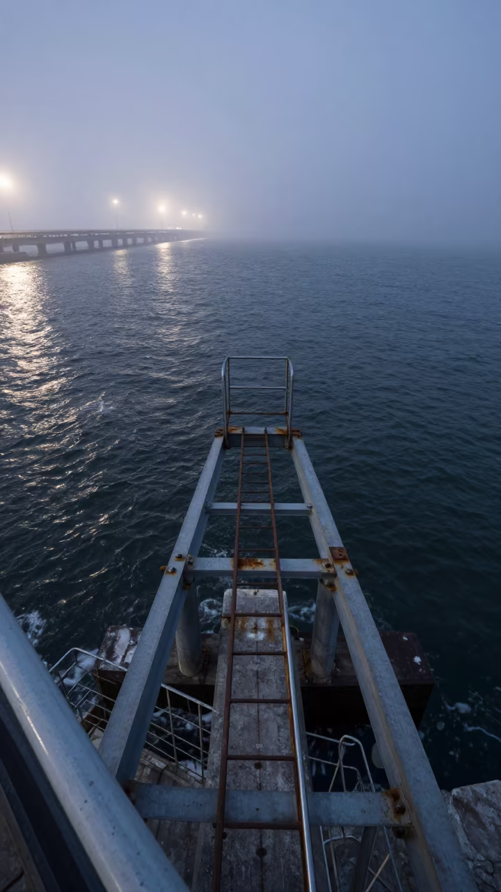 Ladder on Bridge Pier Above Misty Estuary in under a viaduct of steel and concrete near Dalian