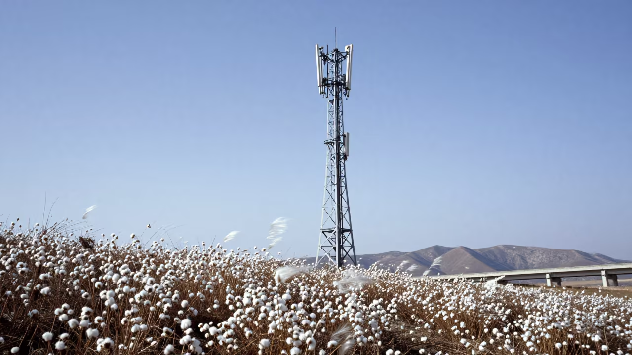 Ladder Cage Mast in Bog Cotton in across a windy overpass interchange in Kamsar